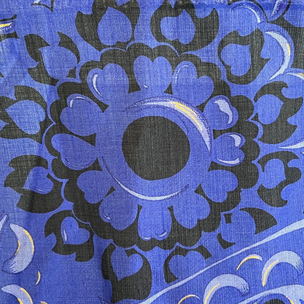 YVES SAINT LAURENT YSL Large Square Scarf Blue Black Fringe Made Italy Silk Wool - Picture 2 of 5